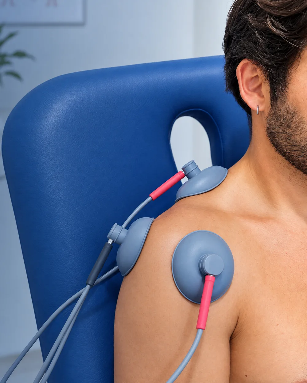 Electrotherapy with suction electrodes on a shoulder